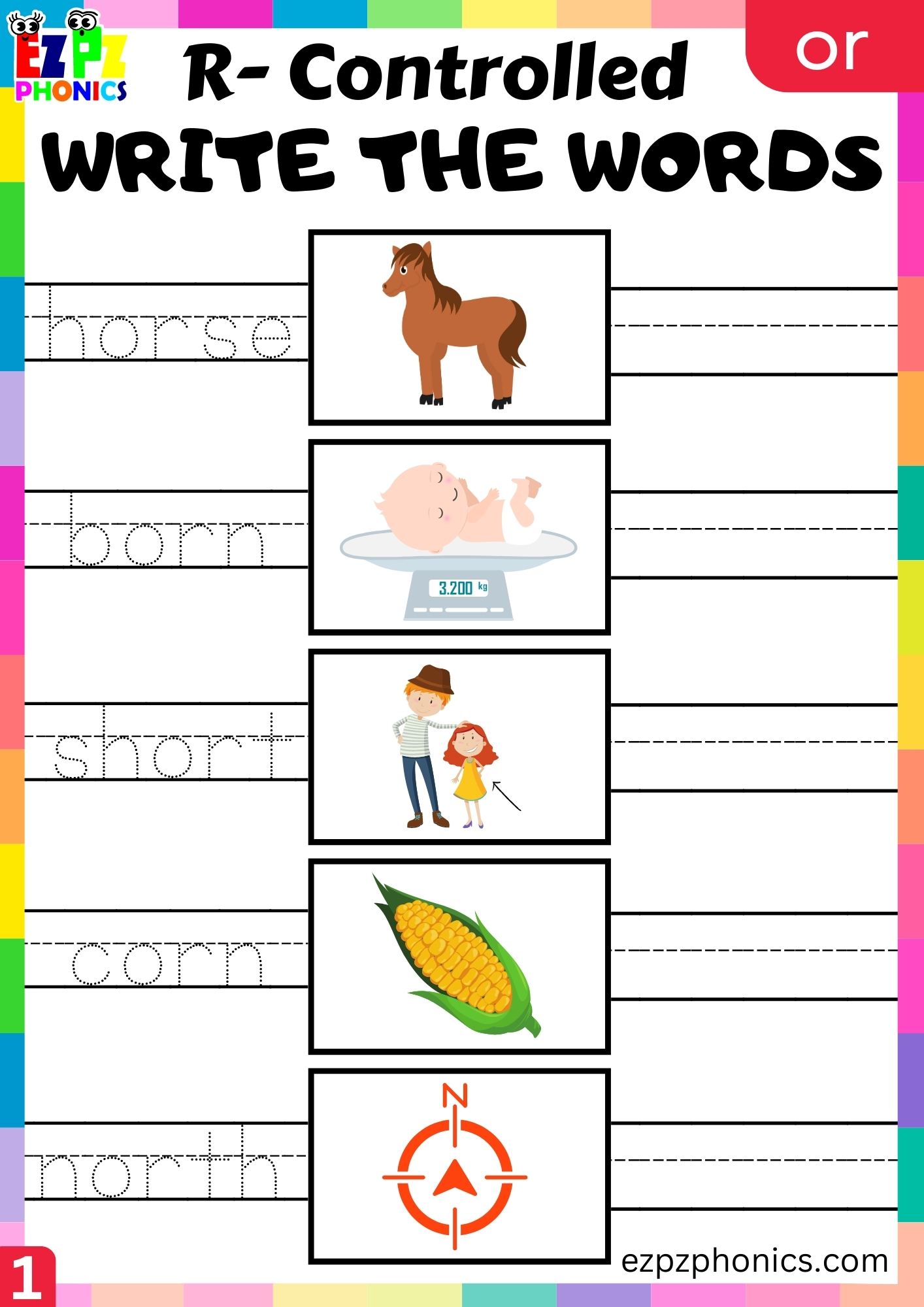 Write the words worksheet for or words R Controlled Vowels Phonics group 1